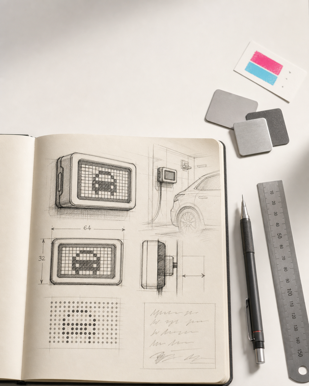 An open sketchbook displaying technical drawings and measurements of a car-mounted electronic device, styled on a white surface with a pen, ruler, color cards, and gray squares.